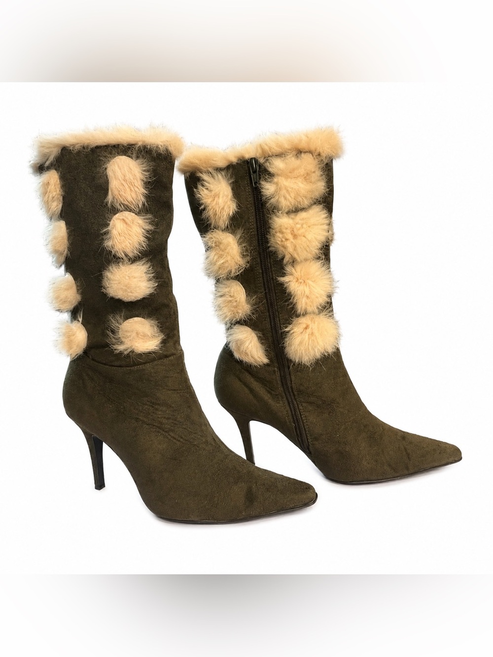 Olive Green Pointed Boots With Rabbit Fur Accents